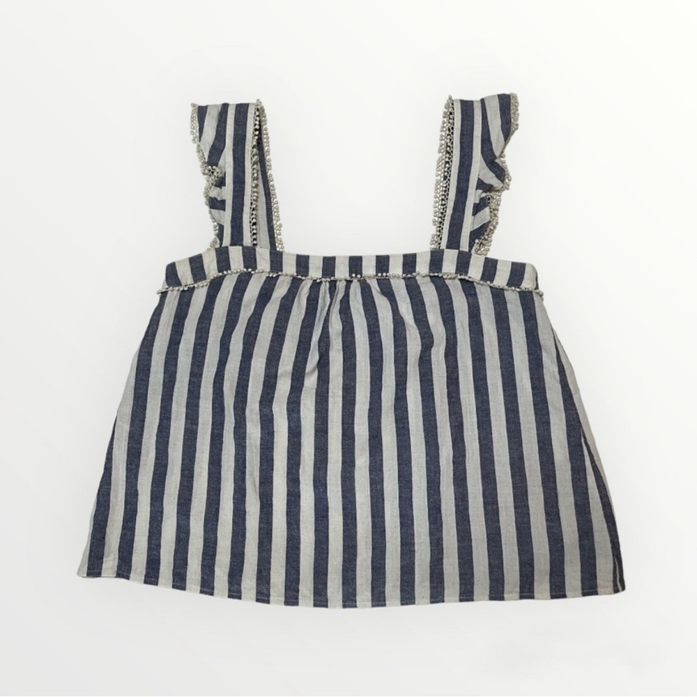 Sezane Navy and White Striped Ruffle Strap Tank Top